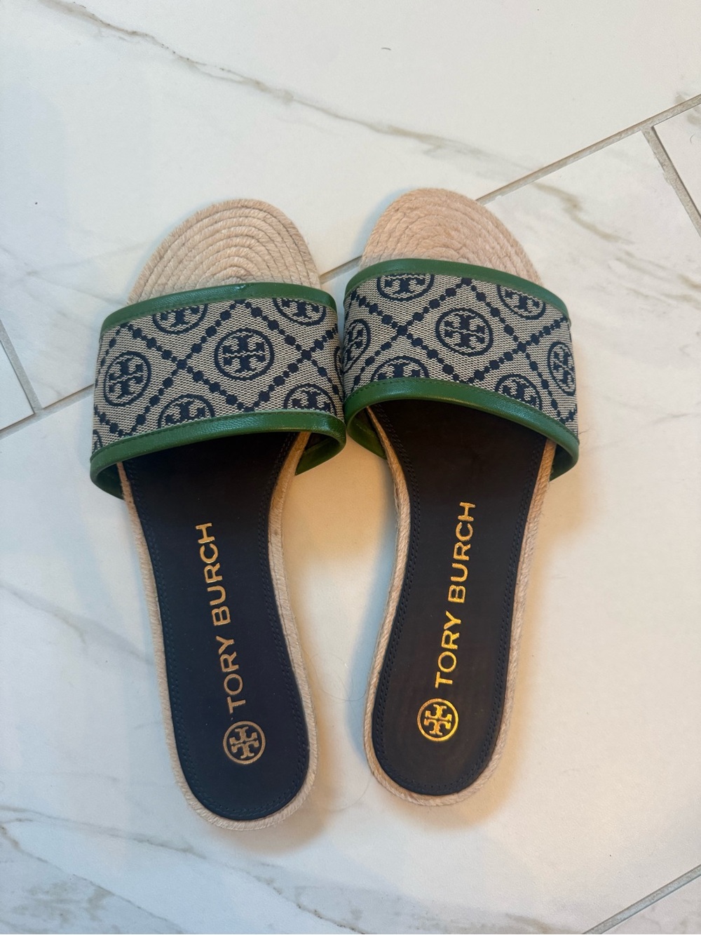 Tory Burch Navy Green Monogram Slides